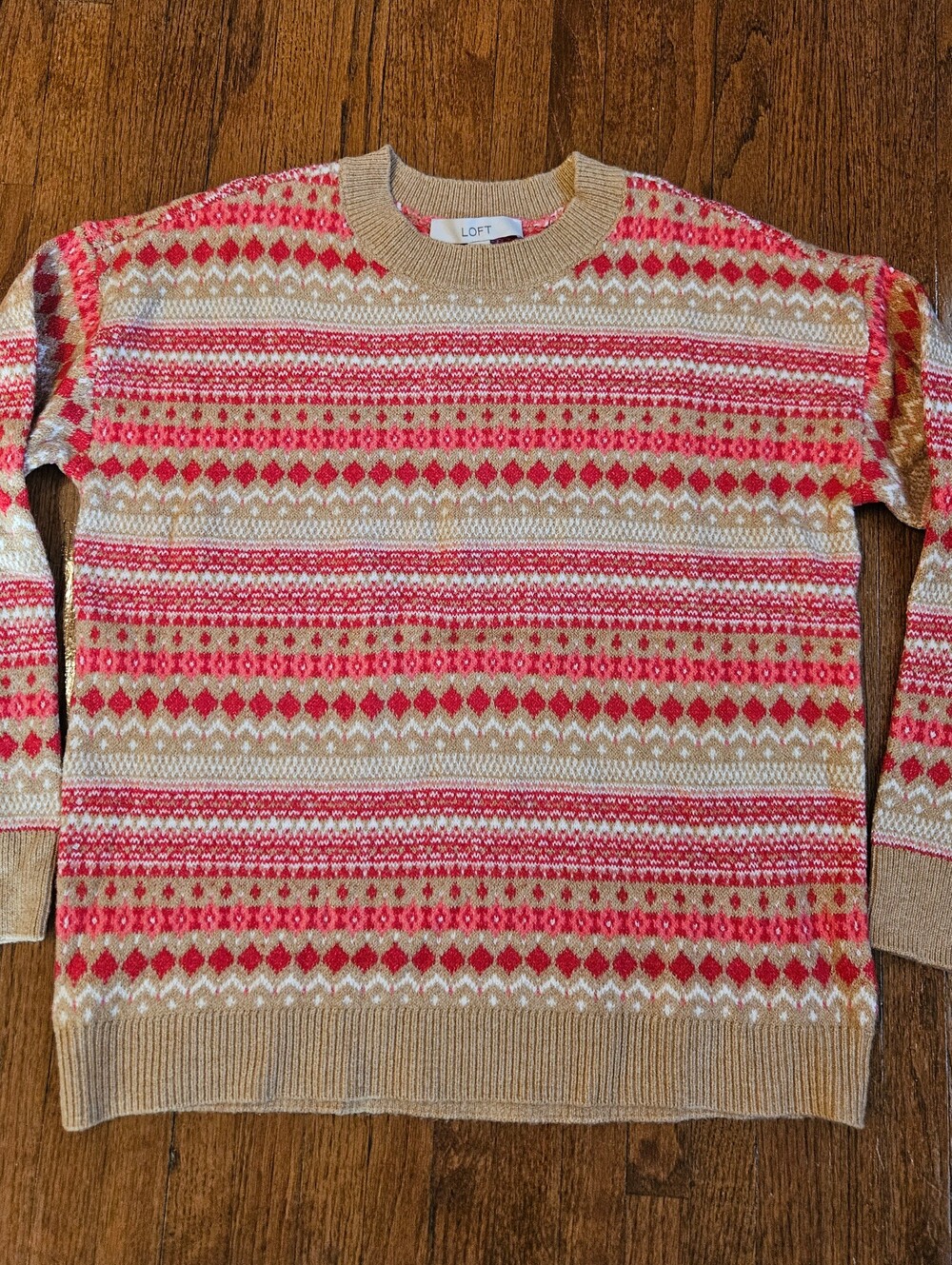 NWT LOFT Fair Isle Crewneck Sweater Red Pink Tan Size Small